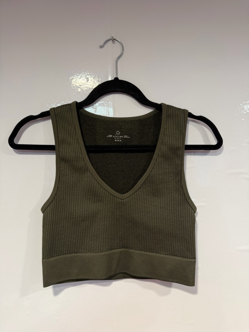 Aerie OFFLINE Recharge Ribbed V-Neck Tank Top Bra Green Medium